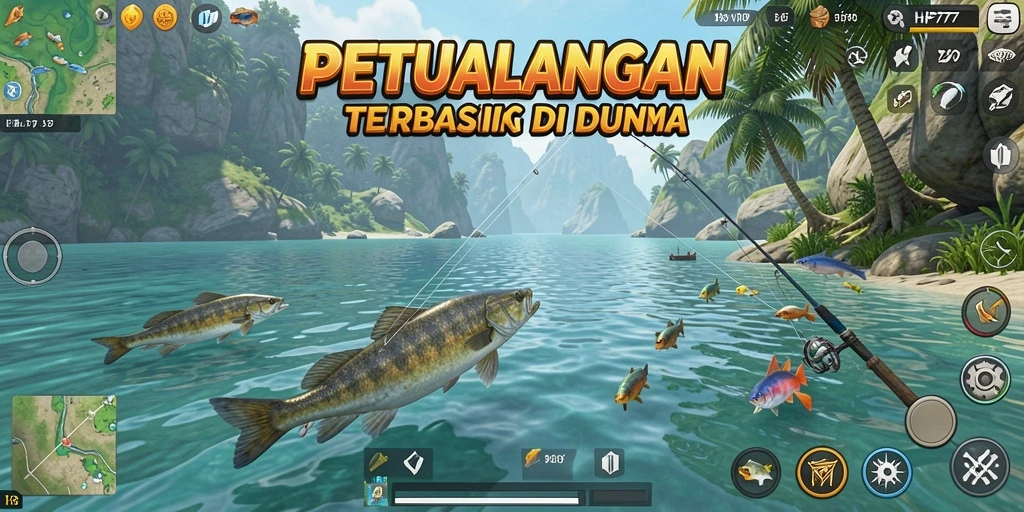 Tampilan gameplay menarik dari HP777 saat memancing di danau yang indah.