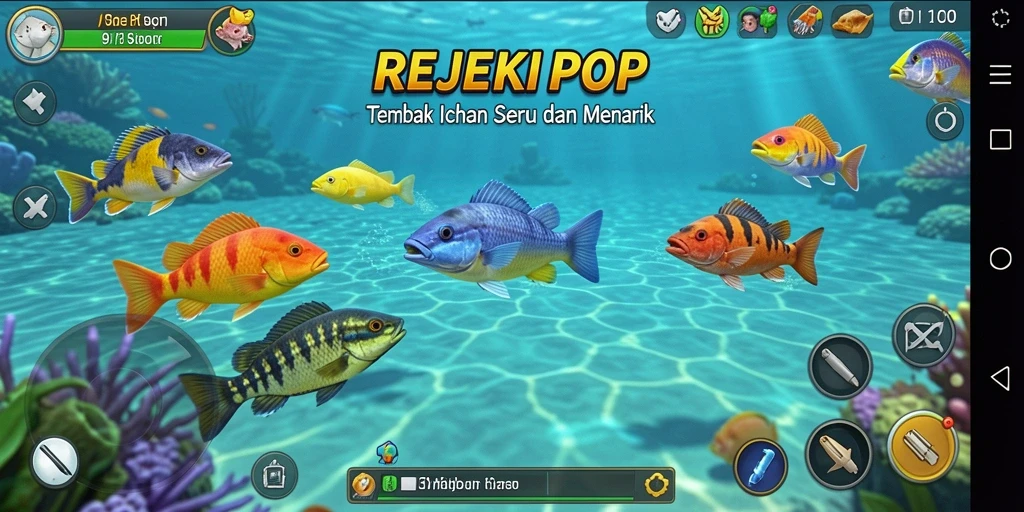 Tampilan gameplay seru di REJEKIPOP saat menembak ikan.